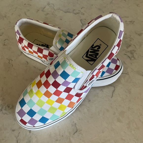 Vans Shoes - Vans Canvas Classic Slip-On Shoe Rainbow Checkerboard Women’s Size 7